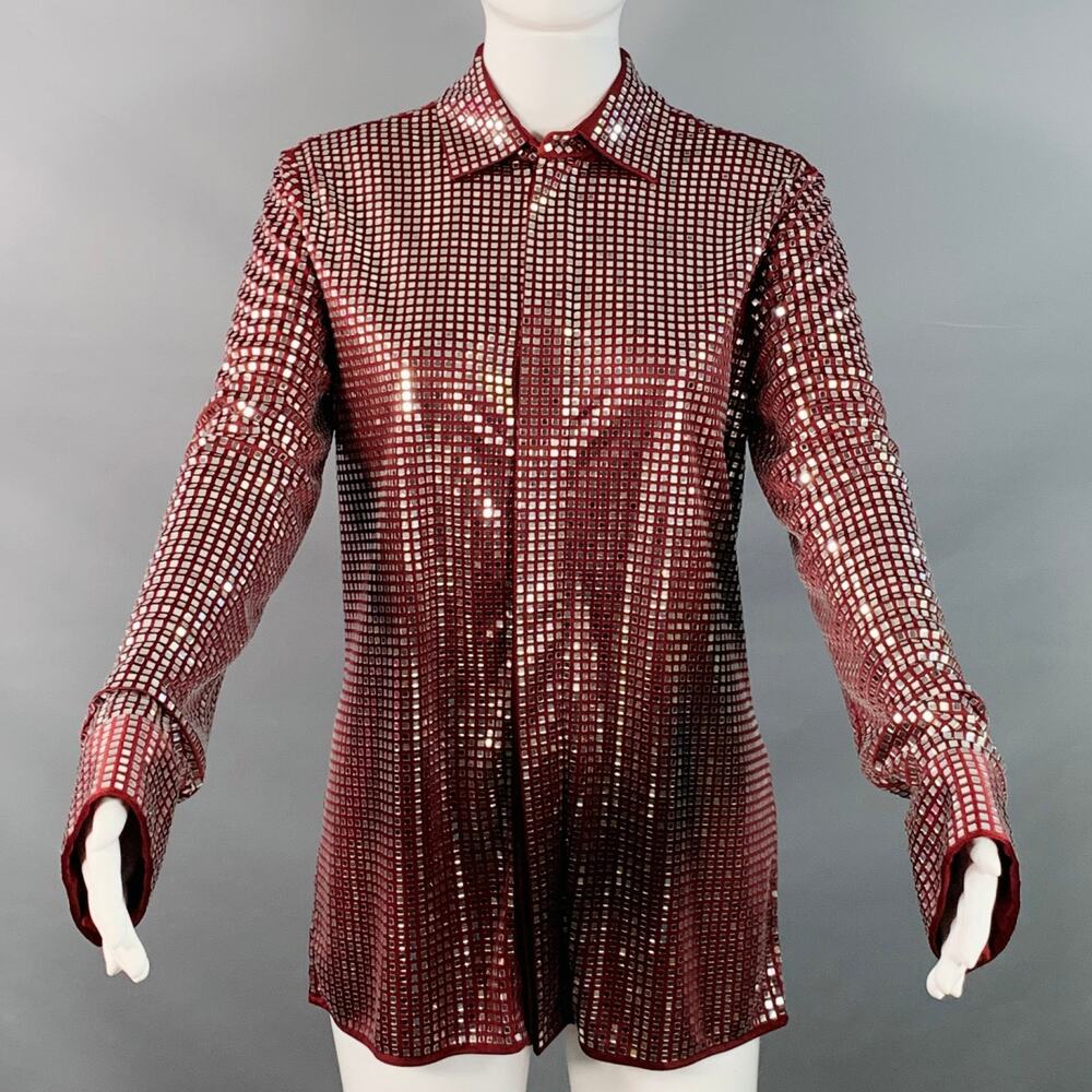 BOTTEGA VENETA Fall 2019 Size S Burgundy Silver Satin Jersey Embellishment Shirt